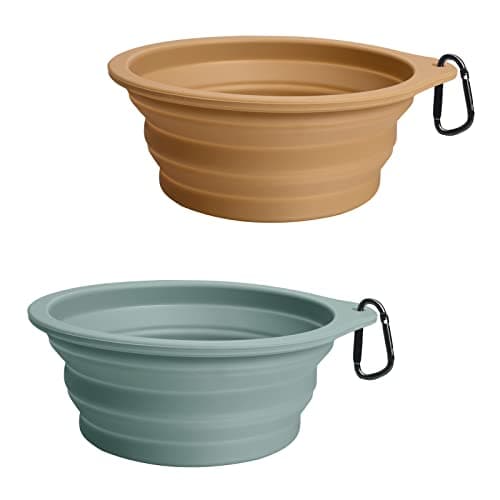 PetBonus 2-Pack Silicone Collapsible Dog Bowls, BPA Free Dishwasher Safe, Portable Foldable Expandable Travel Bowl, Food Water Feeding Cup Dish for Dogs Cats with 2 Carabiners (Turquoise, Tan) - image 1 of 1