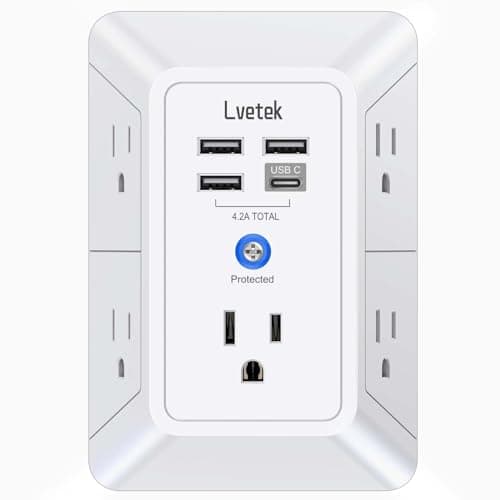 5 Outlet Extender Multi Plug Wall Outlets with 4 USB Charging Ports (1 USB C Outlet), 3 Sided 1680J Surge Protector Power Strip USB Wall Charger for Home, Office, Travel, ETL Listed, White