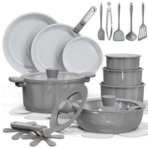 CAROTE 27pcs Ceramic Cookware Set, Pots and Pans Set with Detachable Handle | Non-Stick, Non-Toxic, PFAS and PFOA Free, Induction Compatible, Dishwasher & Oven Safe, Space Saving, Camping Cooking, Gray - image 1 of 8