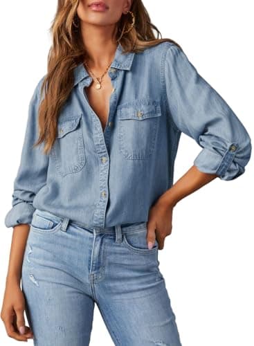 Astylish Womens Denim Button Down Jean Shirt Tops, Dusk Blue, Large