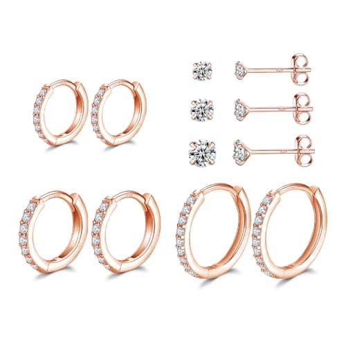 Dlihc 6 Pairs Rose Gold Hoop and Stud Earrings Set for Women Men | Cubic Zirconia, Sterling Silver Post, 14K Rose Gold Plated, Hypoallergenic, Small Hoops and Studs - image 1 of 7