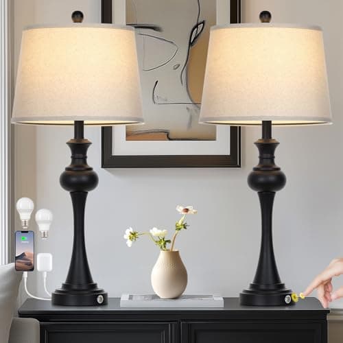 28.75 " 3-Way Touch Control Modern Table Lamp Set of 2 for Living Room , Bedside Lamp with USB A+C Ports, Mid Century Black Table Lamps, Nightstand Lamps Set ,Beige Fabric Shade Vintage Accent Style - image 1 of 7