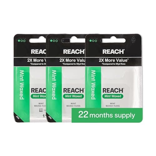 REACH Waxed Dental Floss, 2X More Value, Plaque Remover for Teeth, Shred Resistant, Floss Slides Smoothly, Easy to Use, Waxed, for Adults & Kids, Oral Care, PFAS Free, 3 Pack, 115 yd, Mint - image 1 of 8