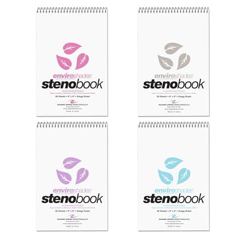 ROARING SPRING Enviroshades Colored Steno Books, 4 Pack of Memo Pads, Assorted Colors, Recycled Paper, 6" x 9", 80 Sheets, Gregg Ruled, Perforated, Wirebound, Heavy Chipboard Back
