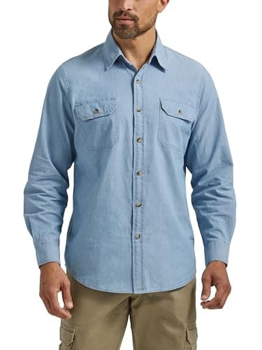 Wrangler Authentics Men's Long Sleeve Classic Woven Button Down Shirt, Light Chambray, Large US