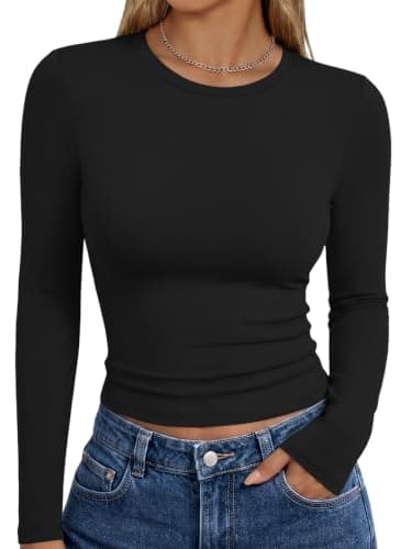 Trendy Queen Womens Long Sleeve T Shirts Fall Basic Tops Black M | Buttery-Soft, Super Stretchy, Fitted Cute Tops, Going Out Basic Tees, Compression Underscrubs Shirts - image 1 of 6