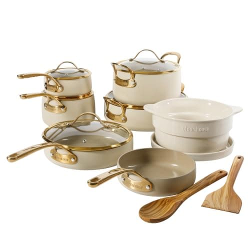 Bloomhouse 15-Piece Ceramic Nonstick Cookware Set, Two Time Oprah's Favorite Things, Heavy-Gauge Aluminum Pots and Pans Set, PFAS & PFOA & PTFE Free Ceramic Cookware, Oven Safe to 500°F, Almond Cream - image 1 of 7