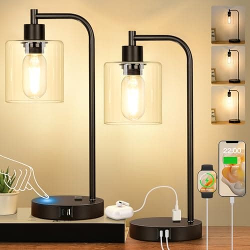 Set of 2 Industrial Touch Control Table Lamps with USB C+A Ports and AC Outlet - 3-Way Dimmable Black Bedside Lamps Nightstand Desk Lamps for Bedroom Living Room, Glass Shade & 2 LED Bulbs Included - image 1 of 8