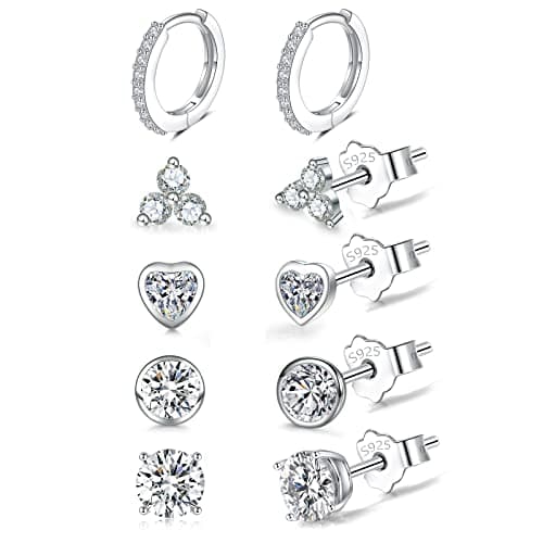 925 Sterling Silver Women's Stud Earrings Set, Hypoallergenic Cubic Zirconia Studs Cartilage Helix Earrings, 5 Pairs Different Sizes Silver Hoop Earring Stud Sets for Multiple Piercing Her Gifts - image 1 of 8