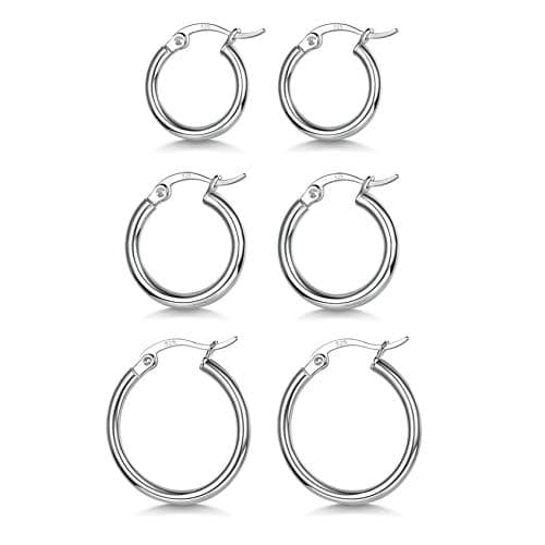 3 Pairs 925 Sterling Silver Hoop Earrings Small Hoops for Women 13/15/20mm | White Gold Plated,Adults,Hypoallergenic, - image 1 of 7