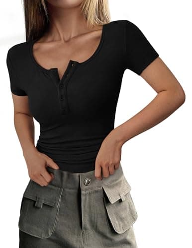 PRETTYGARDEN Women's Summer Tops Henley Tee Shirts (Black,Medium) | Soft Ribbed Fabric, Button Up, Short Sleeve, Slim Fitted, Basic Tshirts, Casual Trendy, Going Out Outfits, Fashion Clothing - image 1 of 9