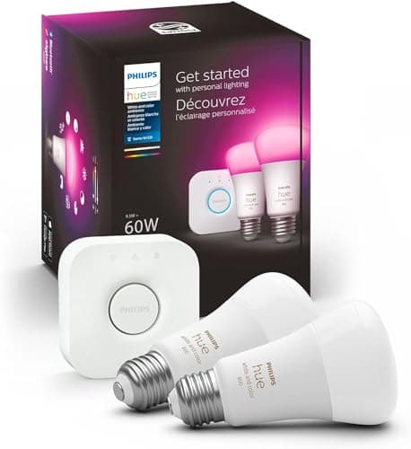 Philips Hue Smart Light Bulbs Starter Kit, Includes (1) Bridge, (2) 60W A19 Bulbs, White and Color Ambiance LED Color Changing Lights, 800LM, E26, Control with App or Voice Assistant - image 1 of 1
