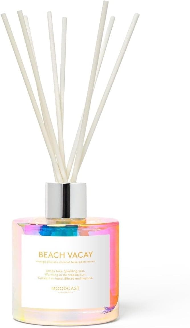 Moodcast Beach Vacay Reed Diffuser - Luxury Scent Diffuser for Home, Fragrance for Bedroom & Bathroom - Mango Blossom, Coconut & Palm Leaf, 8 Reeds, Clean Ingredients - 3.4oz