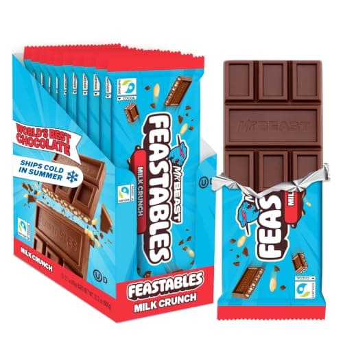 MrBeast Feastables Milk Chocolate Crunch Bar, King Size, 10 Count | Fairtrade cocoa candy bars, Ships cold, Better ingredients, No additives, Sharable, Snacks, Desserts, Gifts, Halloween - image 1 of 7