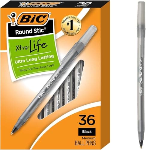 BIC Round Stic Xtra Life Black Ballpoint Pens, Medium Point (1.0mm), 36-Count Pack of Bulk Pens, Flexible Round Barrel for Writing Comfort, No. 1 Selling Ballpoint Pens - image 1 of 1