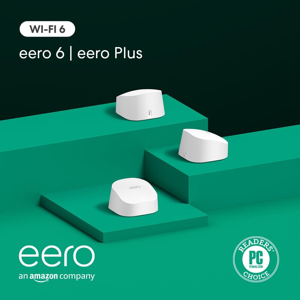 Amazon eero 6 mesh wifi system with 1-month free eero Plus (auto-renews) - Supports internet plans up to 500 Mbps, Coverage up to 4,500 sq. ft., 3-pack (1 router + 2 extenders)