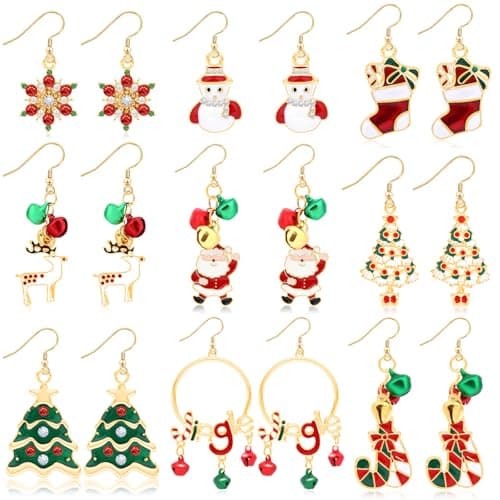 AUGSUN 9 Pairs Christmas Earrings for Women Xmas Dangle Jewelry | Tree Elk Jingling Bell Snowflake Earrings, Christmas Holiday Jewelry Gifts Party Accessories, Enamel Zinc Alloy - image 1 of 7