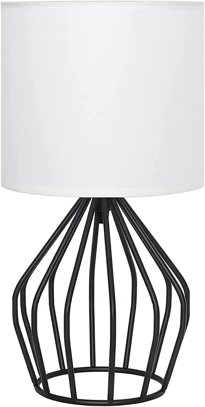 HAITRAL Modern Bedside Table Lamp - Minimalist Small Lamp with Hollowed Out Base Linen Fabric Shade,Metal Nightstand Lamp for Bedroom Living Room Side Table Desk Kids Room- Black/White