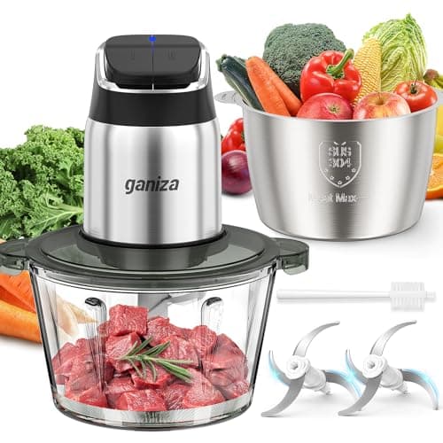 Ganiza Food Processor, 2-Speed Food Chopper Meat Grinder with 8 Cup Stainless Steel & 8 Cup Glass Bowls, Upgraded Button & Smart Overheat Protection Light - Includes Clean Brush, 2 Sets of Blades - image 1 of 1