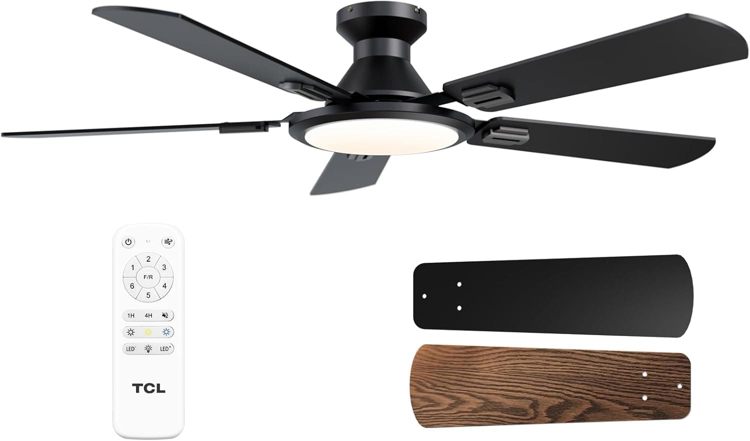 TCL Ceiling Fans with Lights, 52 Inch Low Profile Ceiling Fan with Light and Remote Control, Flush Mount, DC Reversible Motor, Noiseless, 6 Speeds Ceiling Fan for Bedroom (Black) - image 1 of 1