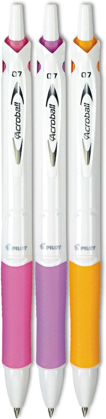 PILOT Acroball PureWhite Advanced Ink Refillable & Retractable Ball Point Pens with Pink/Purple/Orange Inks Accents, Fine Point, Black Ink, 3-Pack (31859) - image 1 of 1
