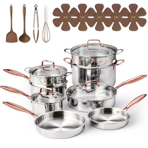 CAROTE 21 PCS Tri-Ply Stainless Steel Cookware Set Pots and Pans Set, Gold | Non Toxic Induction Kitchen Cooking Sets,Oven & Dishwasher Safe, All-Stovetop Compatible - image 1 of 9