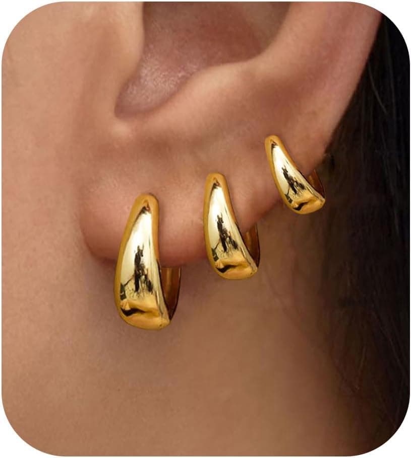 3Pairs Gold Hoop Earrings Set for Women Trendy Chunky Huggie Dainty Earring Jewelry for Women Teens