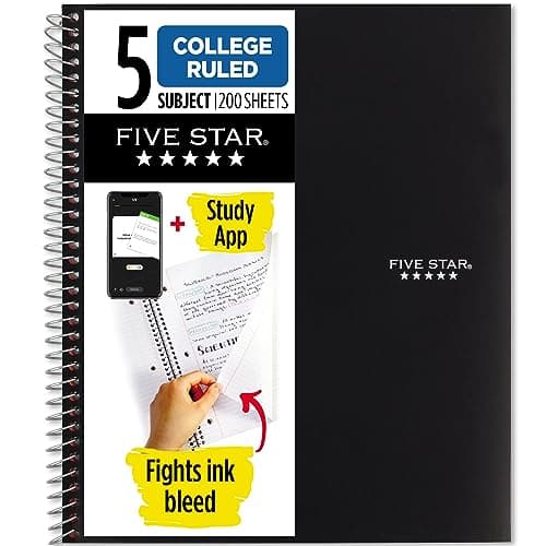Five Star Spiral Notebook + Study App, 5 Subject, College Ruled Paper, 8-1/2" x 11", 200 Sheets, Fights Ink Bleed, Water Resistant Cover, Black (72081) - image 1 of 1