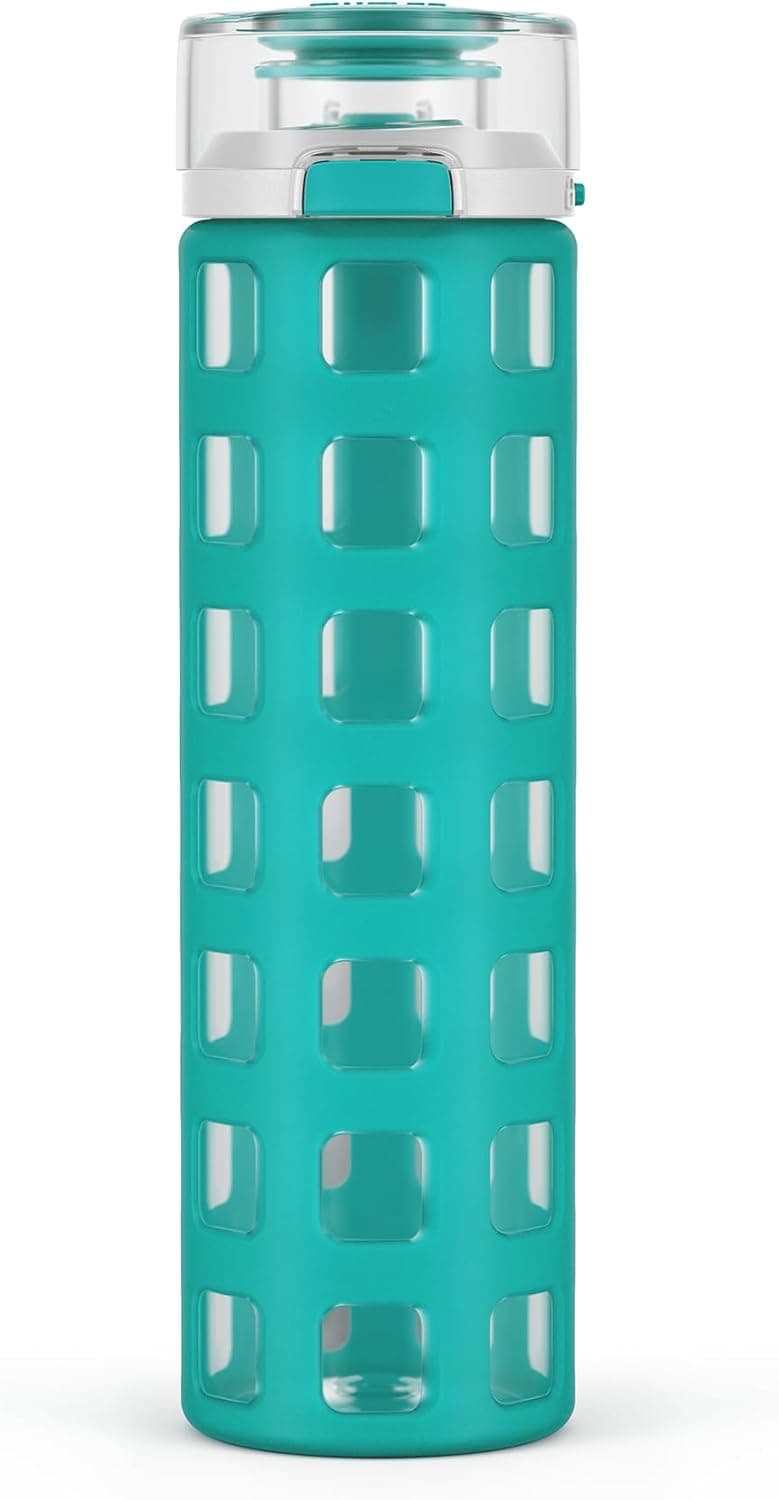 Ello Syndicate 20oz Reusable Glass Water Bottle with One-Touch Leak Proof Flip Lid and Protective Non-Slip Silicone Sleeve and Carry Loop for Coffee, Tea and Water, BPA-free, Dishwasher Safe, Mint
