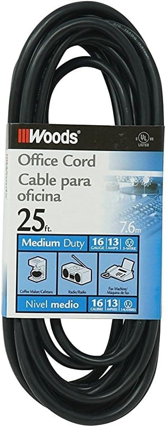 Woods Light Duty Extension Cord - Indoor Power Solution for Office & Household Use - SJTW Extension Cord - 16 Gauge - 3 Conductor - 25 Feet - Black - image 1 of 1