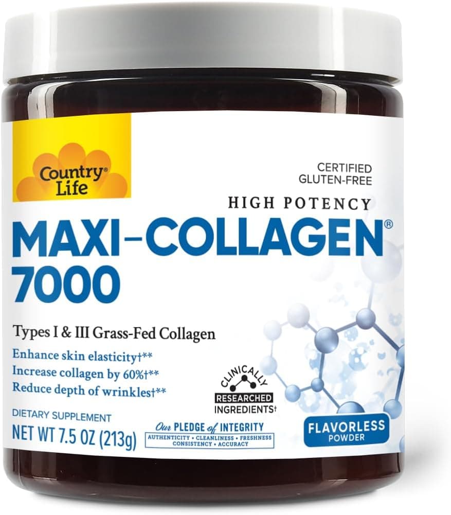 Country Life Maxi-Collagen 7000 Powder - Verisol Bioactive Collagen Peptides, Vitamin C, A & Biotin, 4,500 mg Types I & III Grass-Fed Collagen - Supports Skin, Hair, Nails & Joint Health, 7.5 oz - image 1 of 1