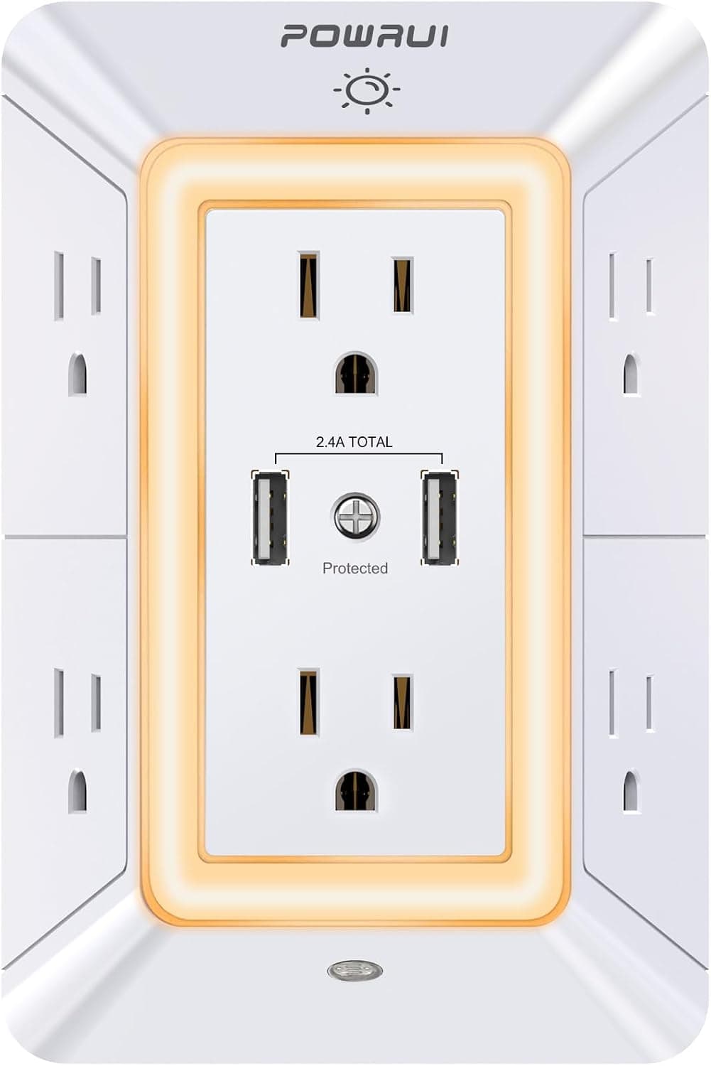 USB Wall Charger, Surge Protector, POWRUI 6-Outlet Extender with 2 USB Charging Ports (2.4A Total) and Night Light, 3-Sided Power Strip with Adapter Spaced Outlets - White，ETL Listed - image 1 of 1