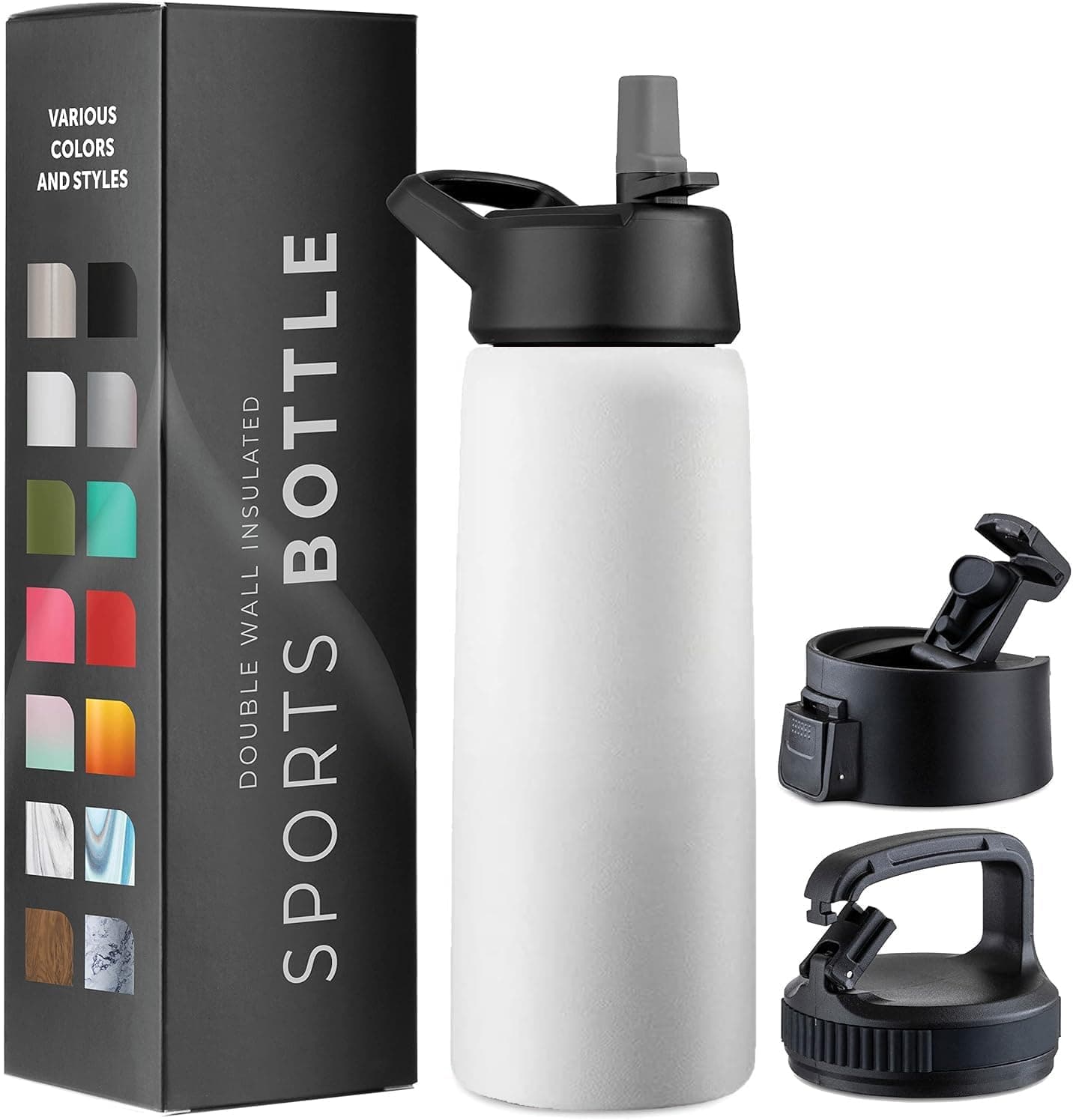 25 Oz Triple Walled, Insulated Water Bottles with Straw - Stainless Steel Metal Bottle W/ 3 Leak Proof Lids - For Travel, School, Sports, Gym/Men, Women (Pure Pearly White)