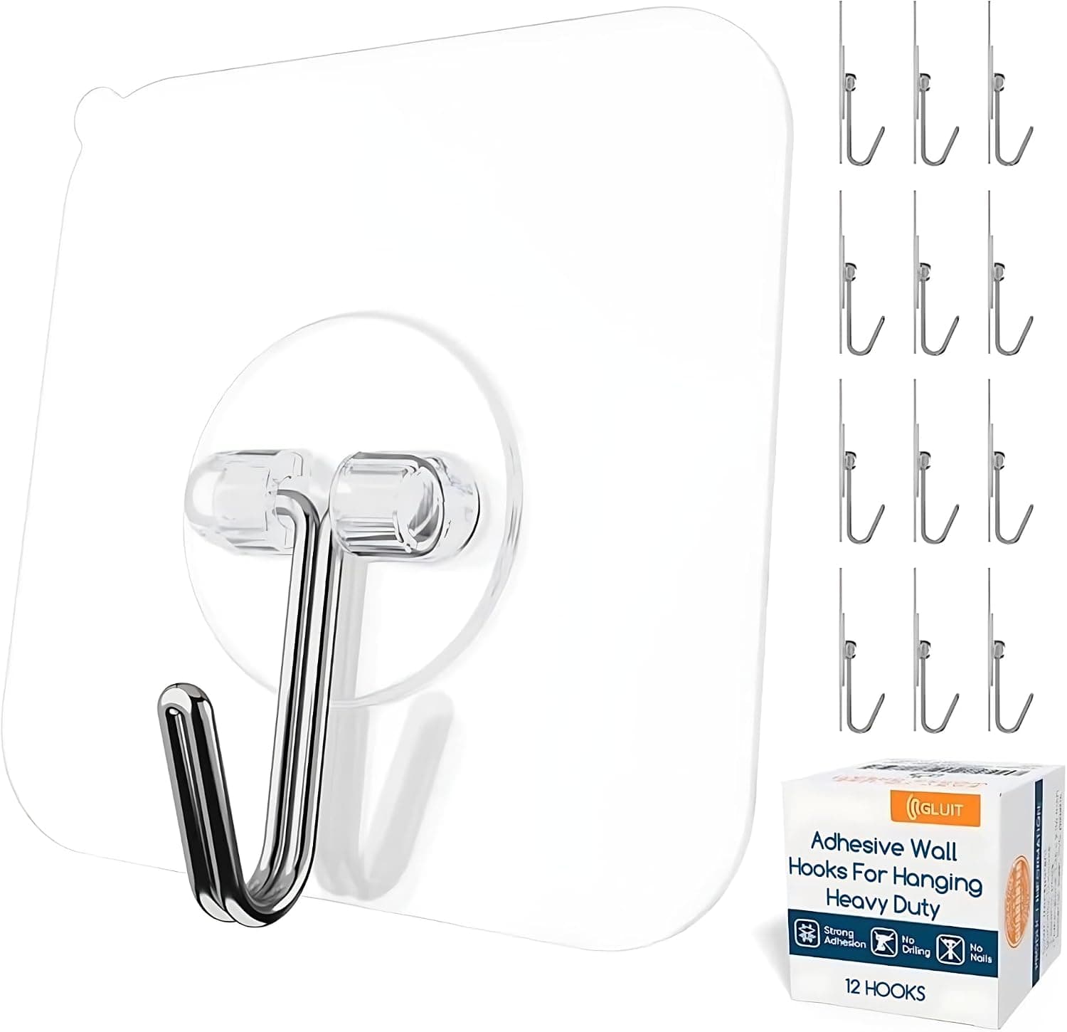 GLUIT Adhesive Wall Hooks for Hanging Heavy Duty 22 lbs Hooks for Walls No Damage, Towel Sticky Clear Hook, Waterproof, Home, Bathroom, Kitchen, Office, and Outdoor 12 Pack - image 1 of 1