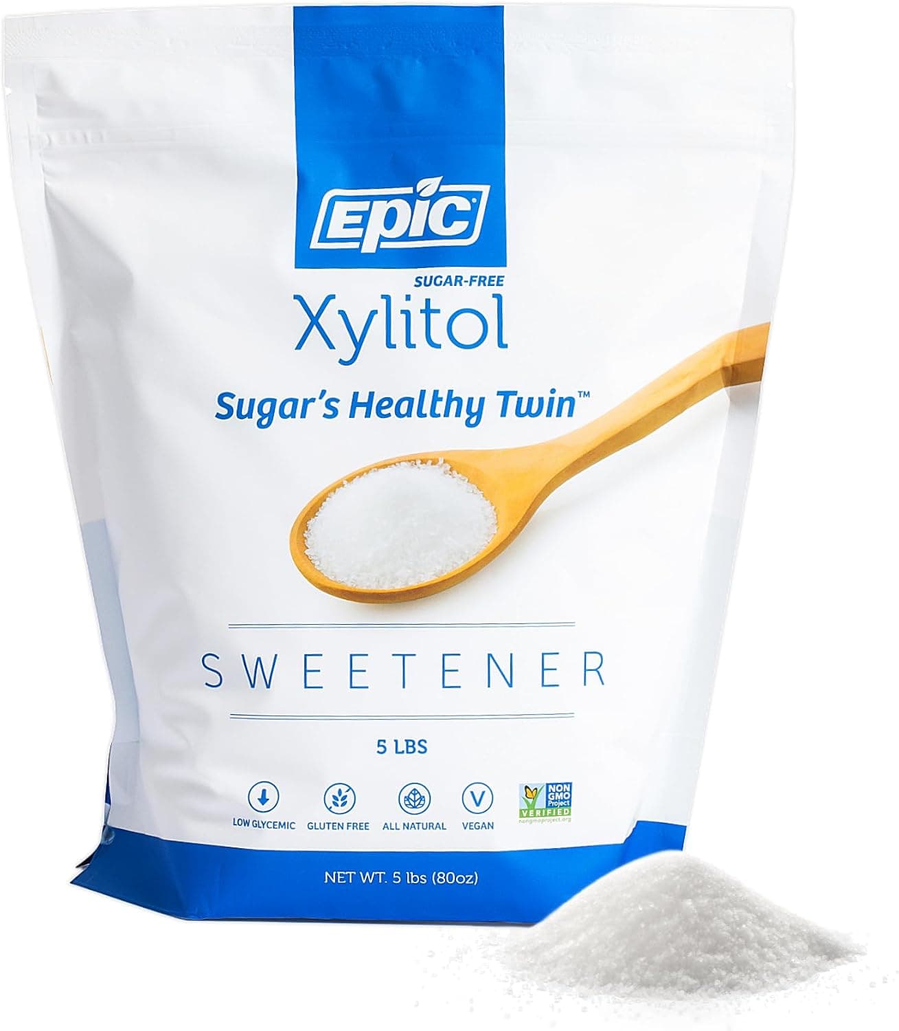 Epic 100% Xylitol Sweetener - 5 Pound Zipper Pouch of Xylitol Sugar Substitute for Baking & Cooking - Diabetic-Safe, Non-GMO, Keto-Friendly - 40% Less Calories Than Sugar - image 1 of 1