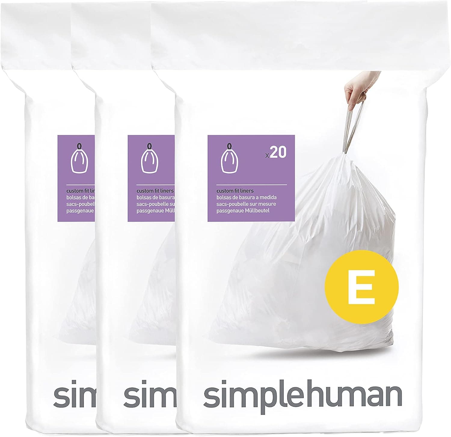 simplehuman Code E 60 Count, Dispenser Pack Custom Fit Liners, Drawstring Trash Bags, 20 Liter / 5.3 Gallon, White - image 1 of 1