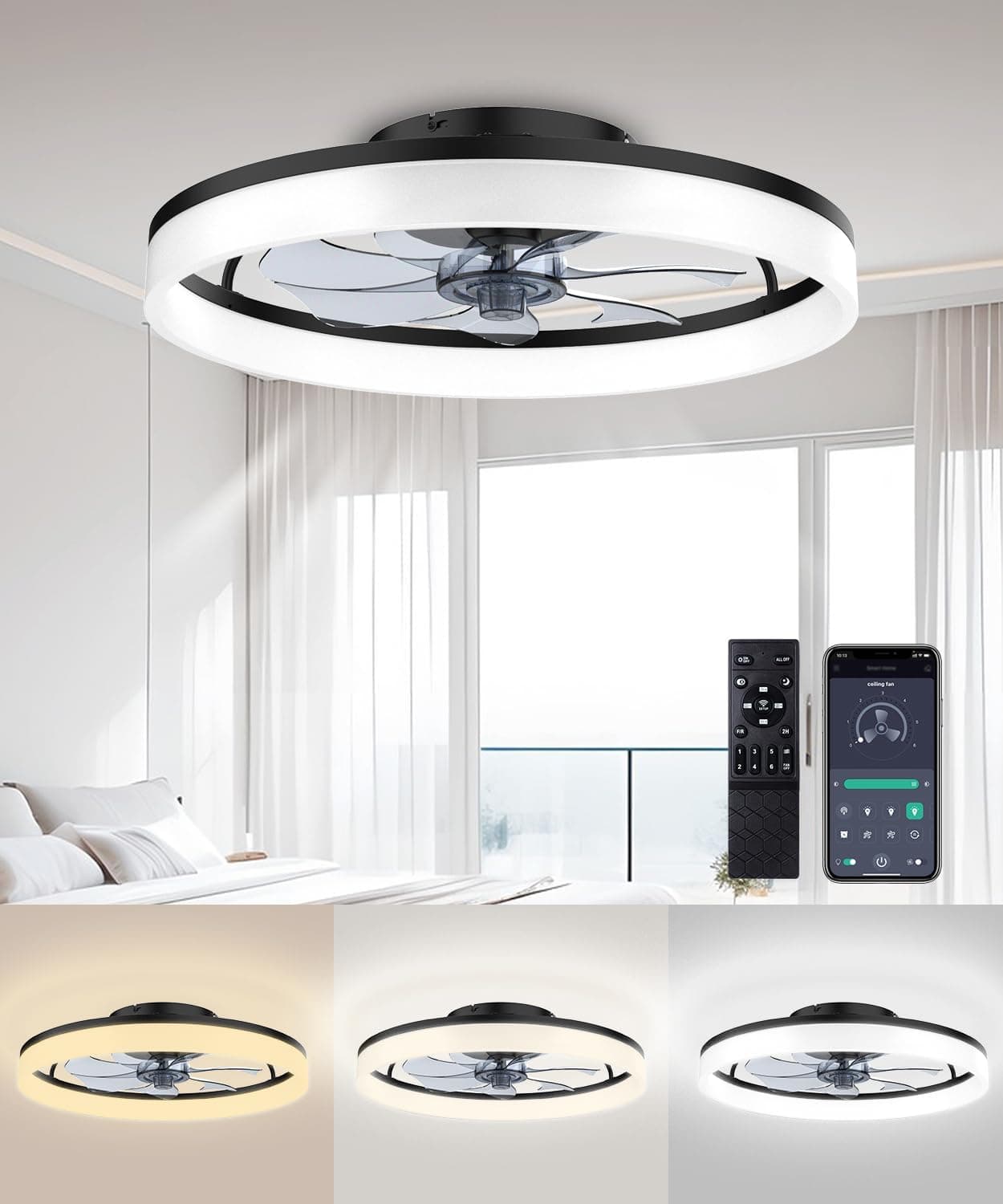 Ceiling Fans with Lights and Remote, 20" Modern Low Profile Ceiling Fan with Light, Stepless Color Temperature Change and 6 Speeds for Bedroom, Kids Room and Living Room (Black) - image 1 of 1