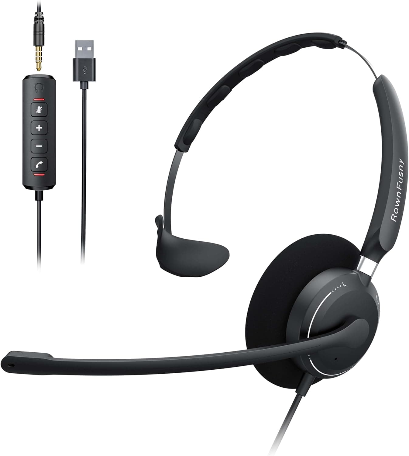 R06S Mono Wired USB Headsets for PC with Noise-Reduction Microphone, Call Answer Button for MS Teams & IP Phones, Lightweight Design & Memory Foam Cushions for All-Day Comfort (Black)