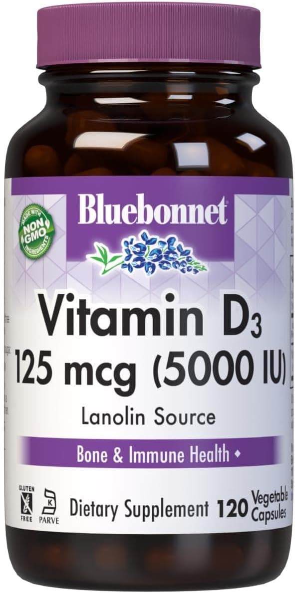 Bluebonnet Vitamin D3 5000 IU 125 mcg - Strong Bones & Immune Support Supplement for Women & Men* Soy-Free, Gluten-Free, Non-GMO, Vegetarian - Highly Absorbable Vitamin D - 120 Veggie Capsules - image 1 of 1
