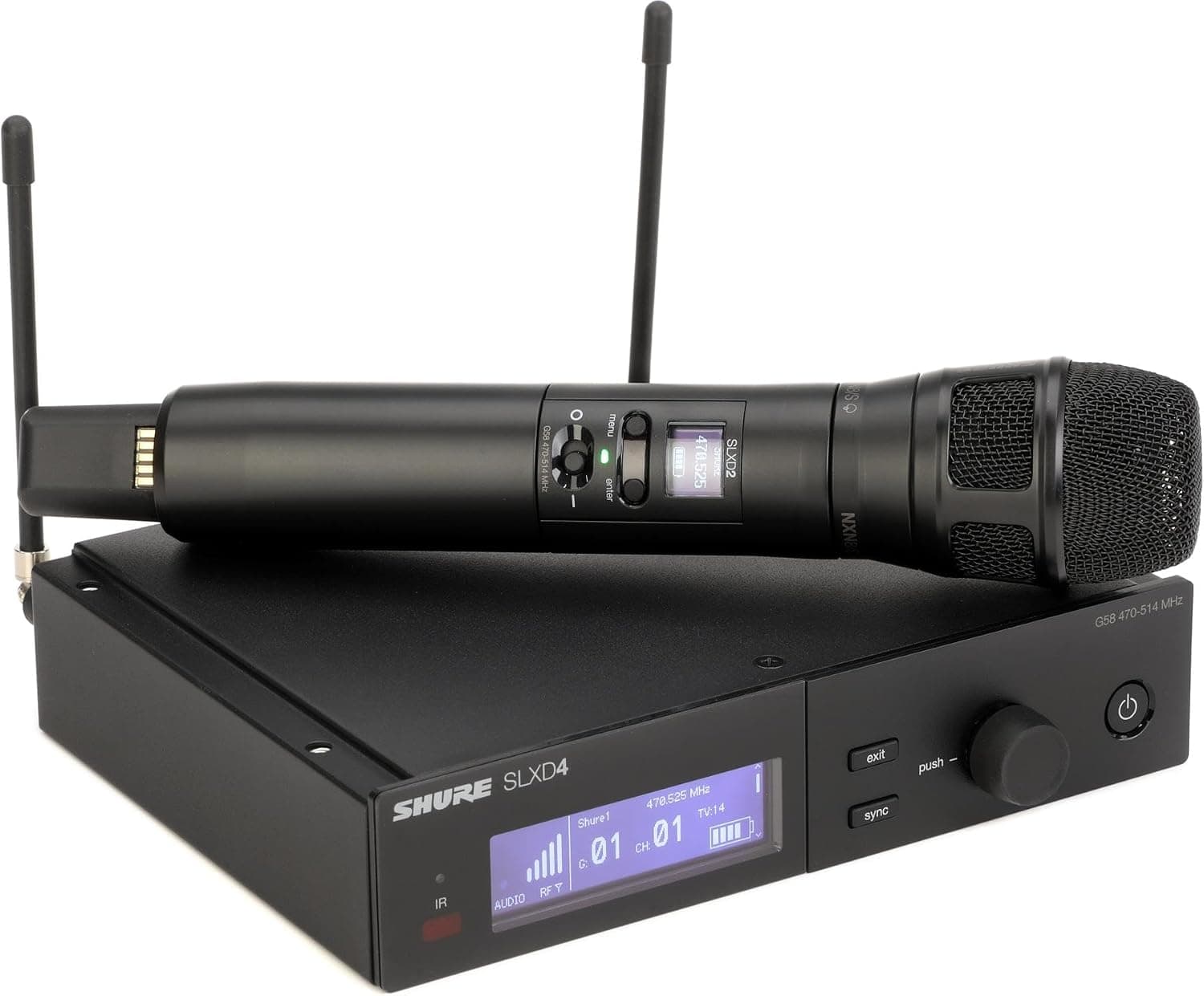 Shure SLXD24/N8SB Wireless Microphone System - Includes SLXD2 Handheld Transmitter with Nexadyne 8/S Black Vocal Mic Capsule and SLXD4 Single Channel Rack Mount Receiver | G58 Band (SLXD24/N8SB-G58) - image 1 of 1