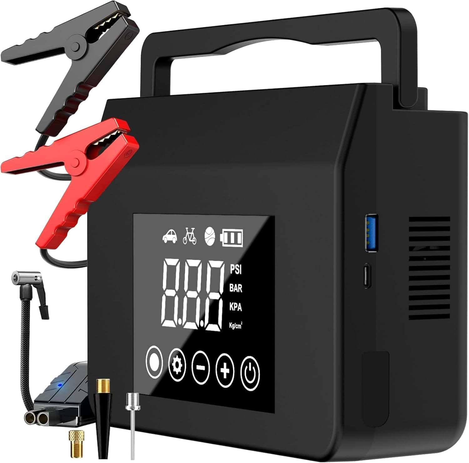 Jump Starter with Air Compressor, 4000A Car Battery Jump Starter(ALL Gas/8.0L Diesel) with 150PSI Tire Inflator 12V Car Battery Jump Power, 15000mAh PowerBank With LED Light, with Type-C Quick Charge. - image 1 of 1