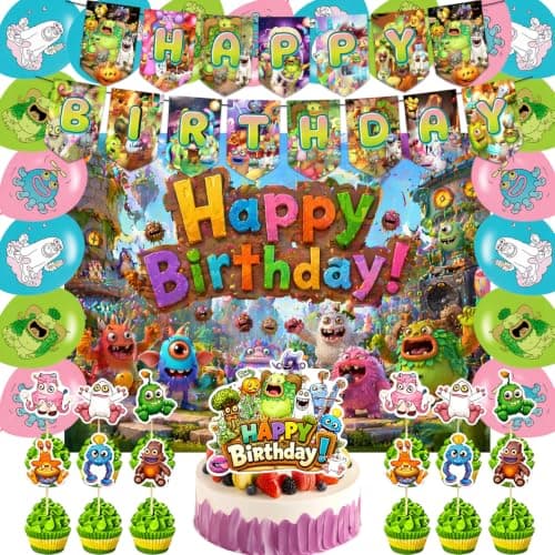 42Pcks Singing Monsters Party Supplies Pack Includes，Banner，Cake Topper，Blackdrop,Balloons for party Decoration (Blue2) - image 1 of 6