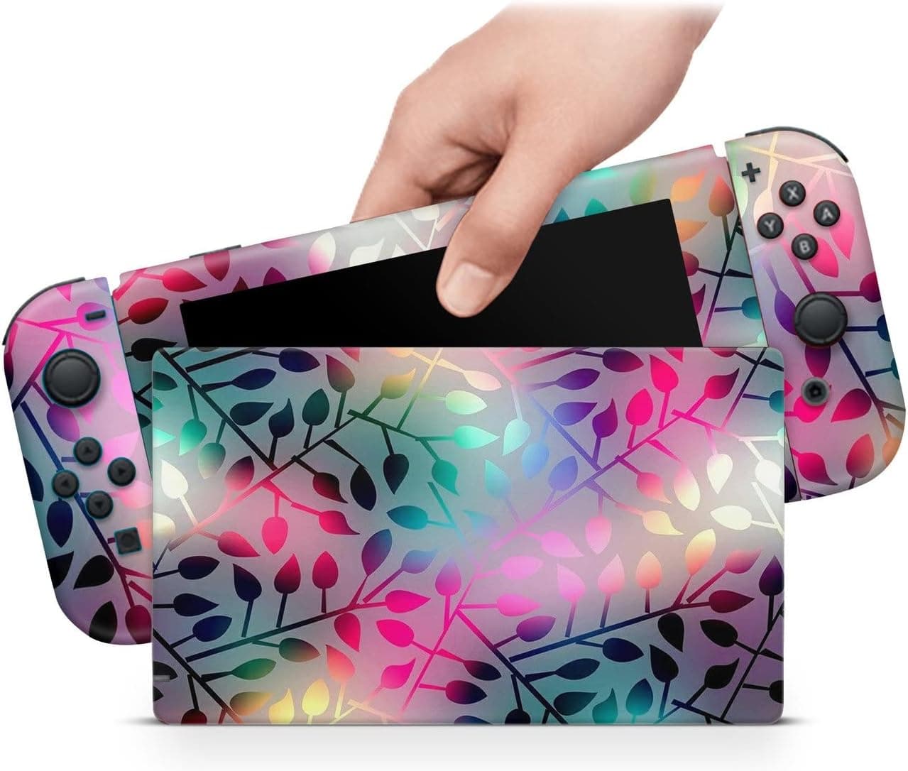 ZOOMHITSKINS OLED Switch Skin, Compatible with Switch OLED Skin Wrap, Leaf Fuchsia Pink Flowers Aqua Floral Blue Bloom Leaves Plant Tropical, 3M Vinyl for Durable & Fit, Made in The USA - image 1 of 1