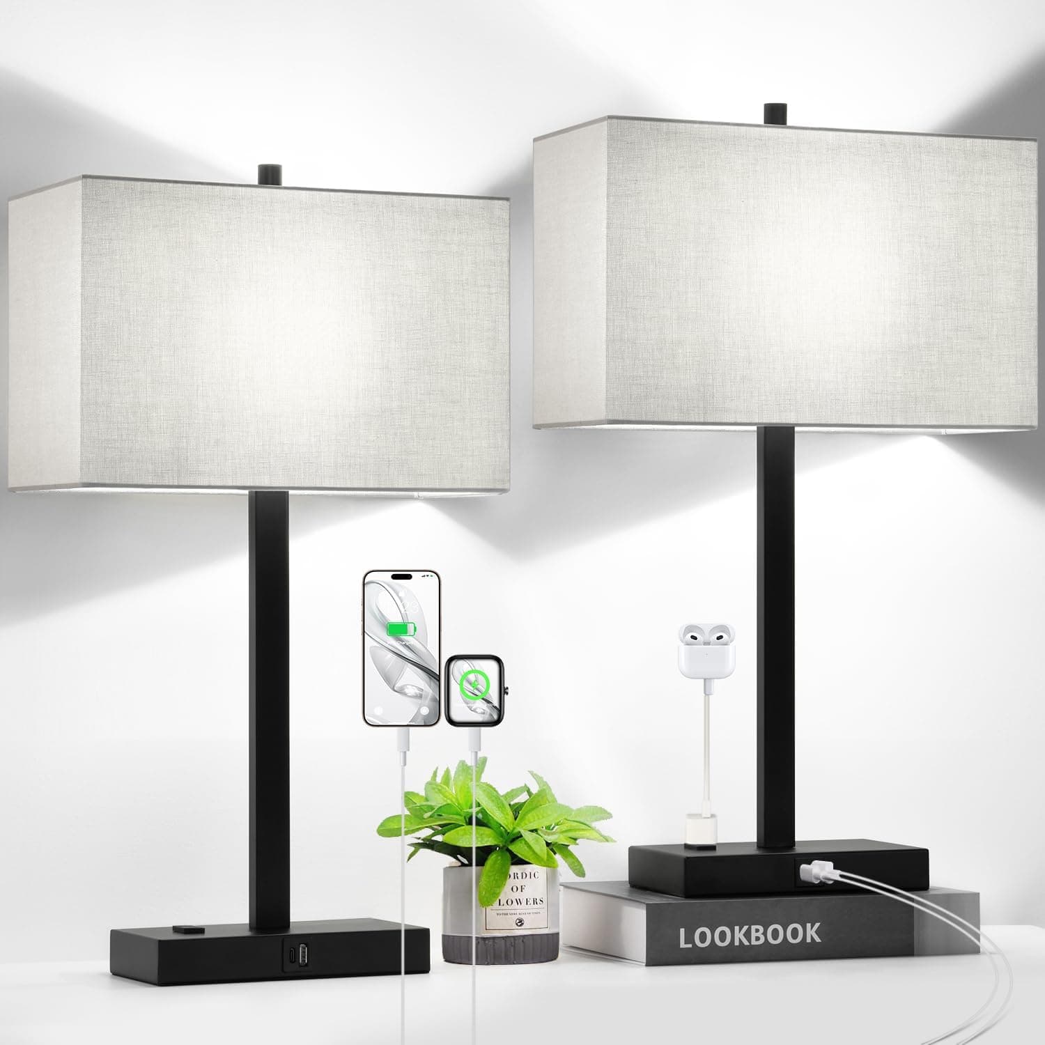 21" Touch Bedside lamps with 2 USB & AC Outlets, 3-Way Dimmable Bedside Table Lamps Set of 2 for Bedroom Living Room Office Reading, Gray Shade Lamps for Night Stands, 5000K LED Bulbs Included - image 1 of 1
