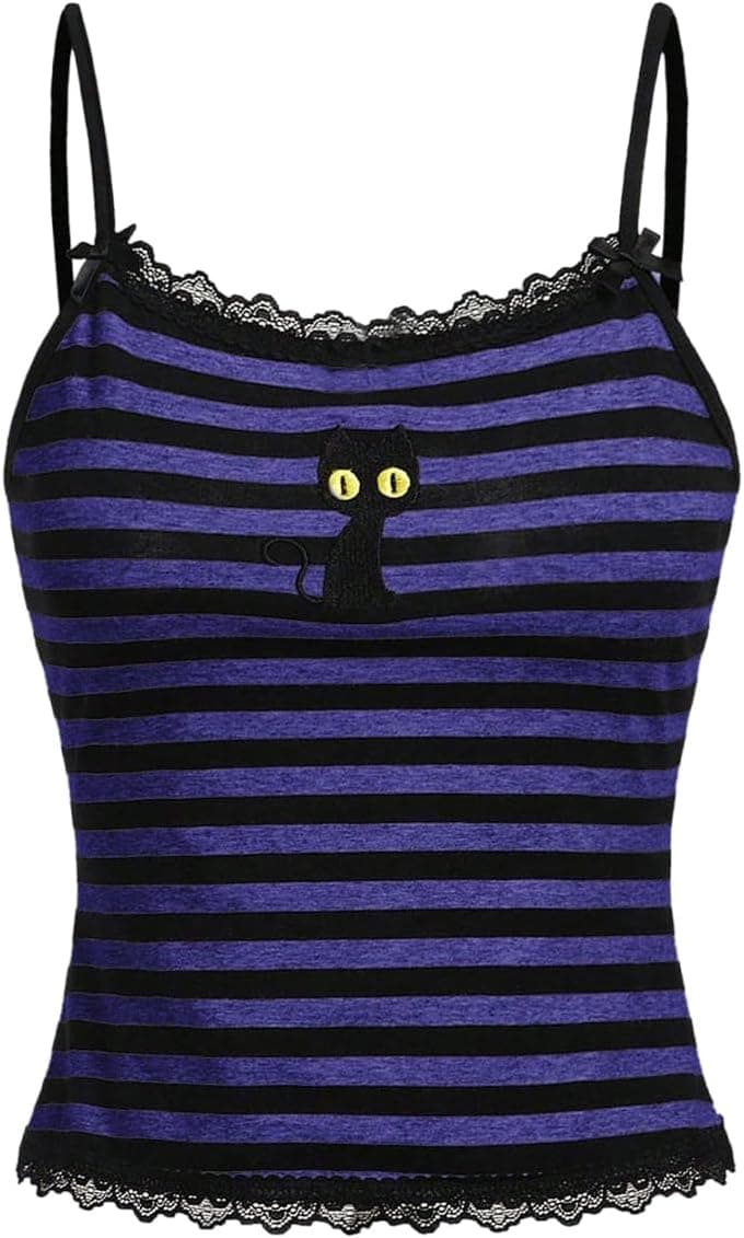 SOLY HUX Women's Y2k Lace Striped Cami Crop Tops Spaghetti Strap Cat Embroidery Camisole - image 1 of 1