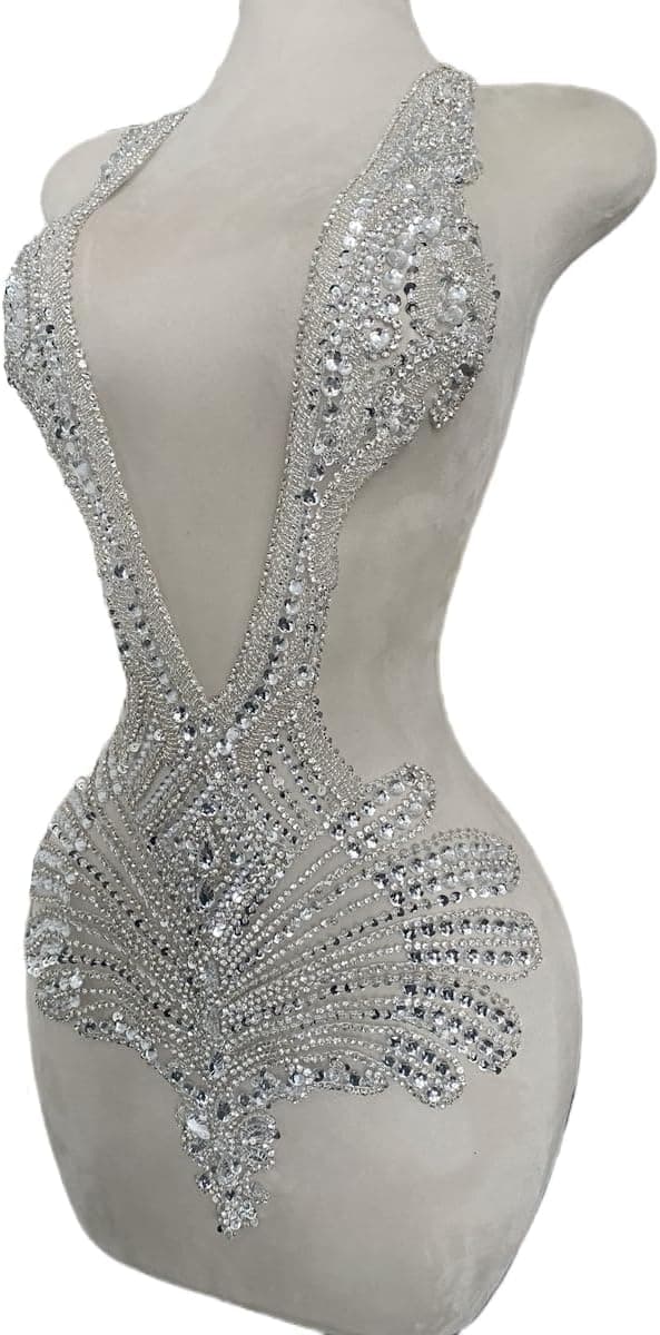 Large Bodice Applique Sequin Rhinestones Fine Appliques Handsewing Crystals and Beads for Dress Clothes 16X31inches (Silver) - image 1 of 1