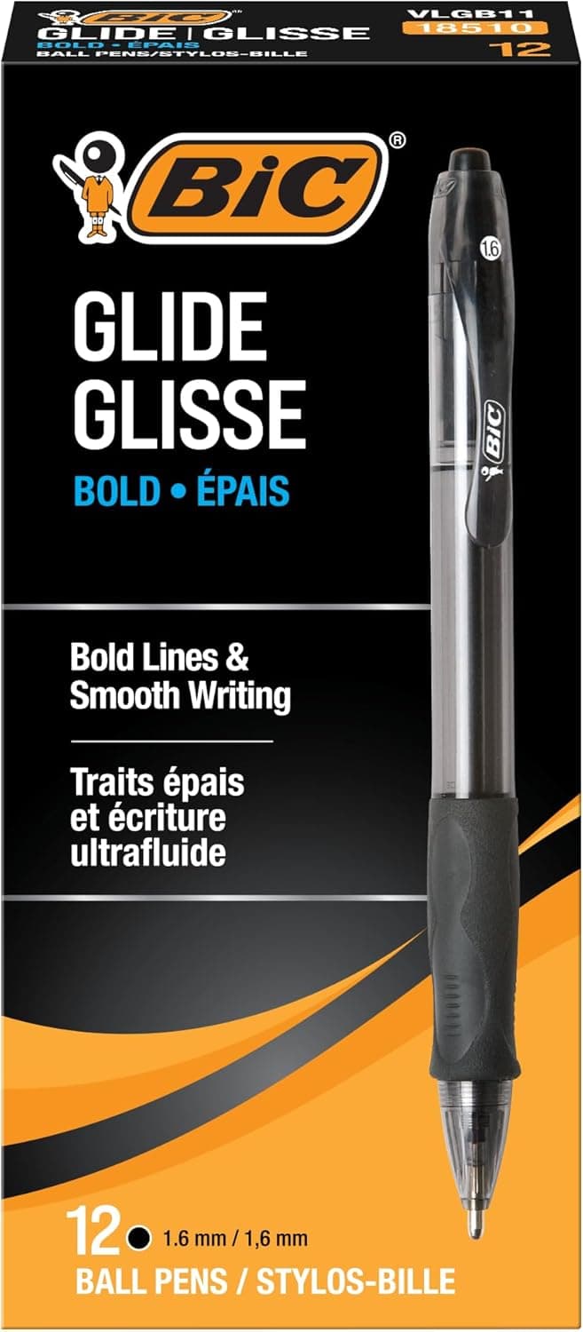 BIC Glide Bold Black Ballpoint Pens, Bold Point (1.6mm), 12-Count Pack, Retractable Ballpoint Pens With Comfortable Full Grip - image 1 of 1