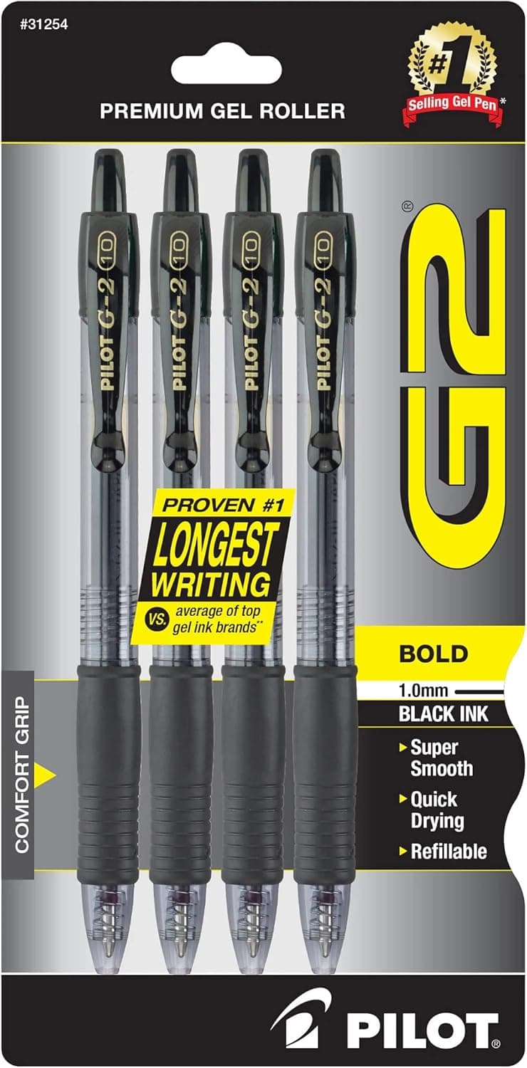 PILOT G2 Premium Refillable and Retractable Rolling Ball Gel Pens, Bold Point, Black Ink, 4-Pack (31254) - image 1 of 1