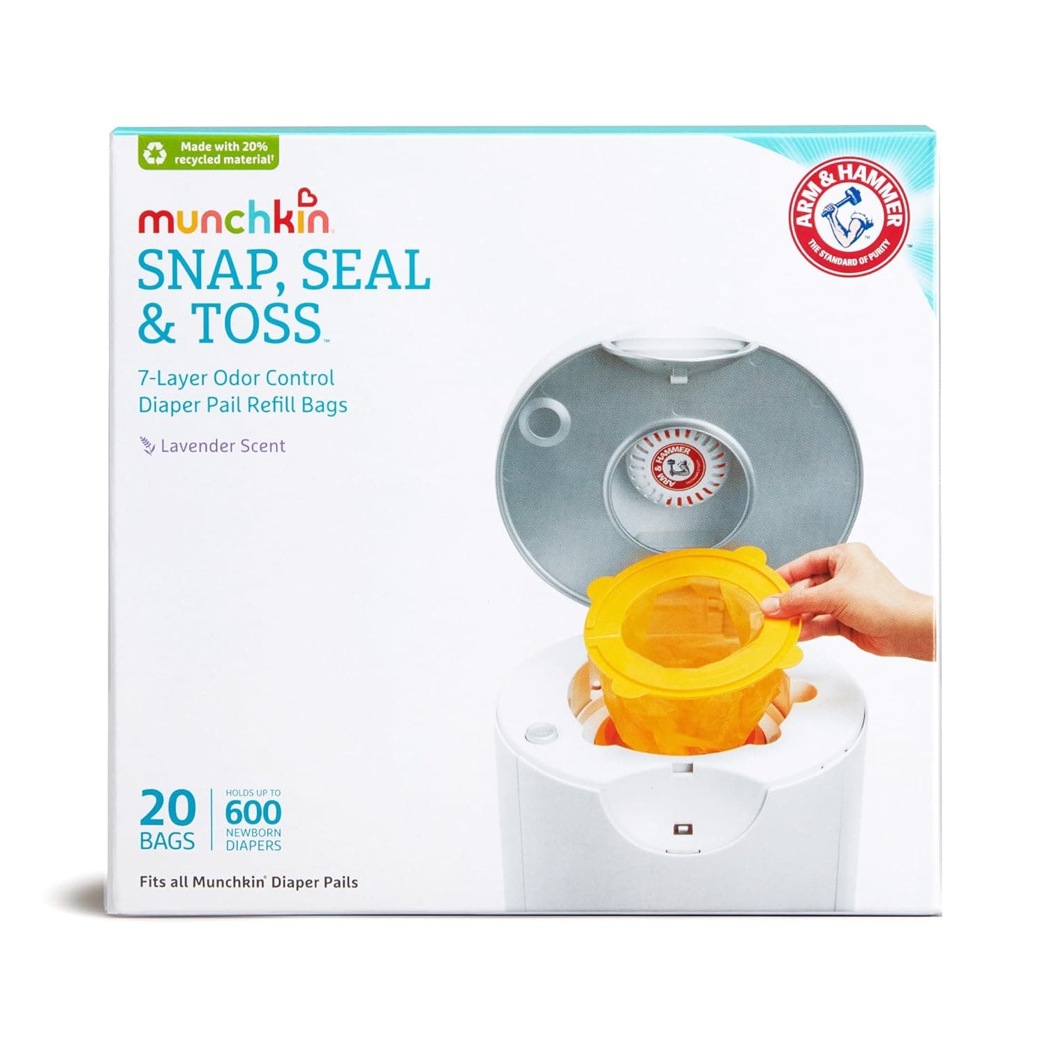 Munchkin® Arm & Hammer Diaper Pail Snap, Seal & Toss™ Refill Bags, Holds up to 600 Newborn Diapers, 20 Pack - image 1 of 1