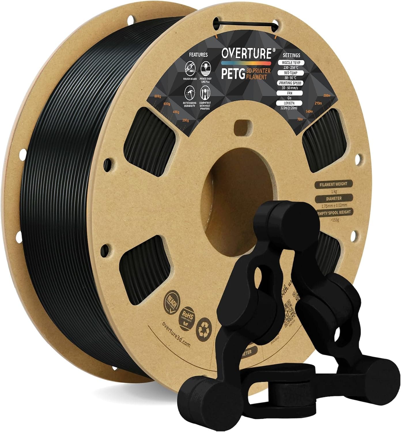 OVERTURE PETG 3D Printer Filament 1.75mm, Neatly Wound Durable PETG 1kg Spool (2.2lbs), Strong Toughness Filament, Dimensional Accuracy +/- 0.02mm, Fit Most FDM Printers (Black (1-Pack)) - image 1 of 1